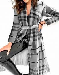 Ефектно дълго дамско палто с ресни и колан в сиво и черно каре - код 2891 - 2