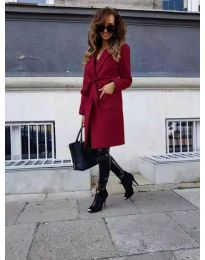 Елегантно дамско палто с колан в цвят бордо - код 7940